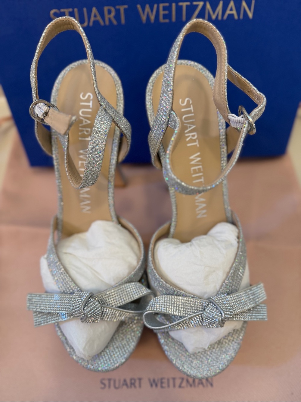 Stuart Weitzman Silver Glitter Bow Slingback Heels size 8B